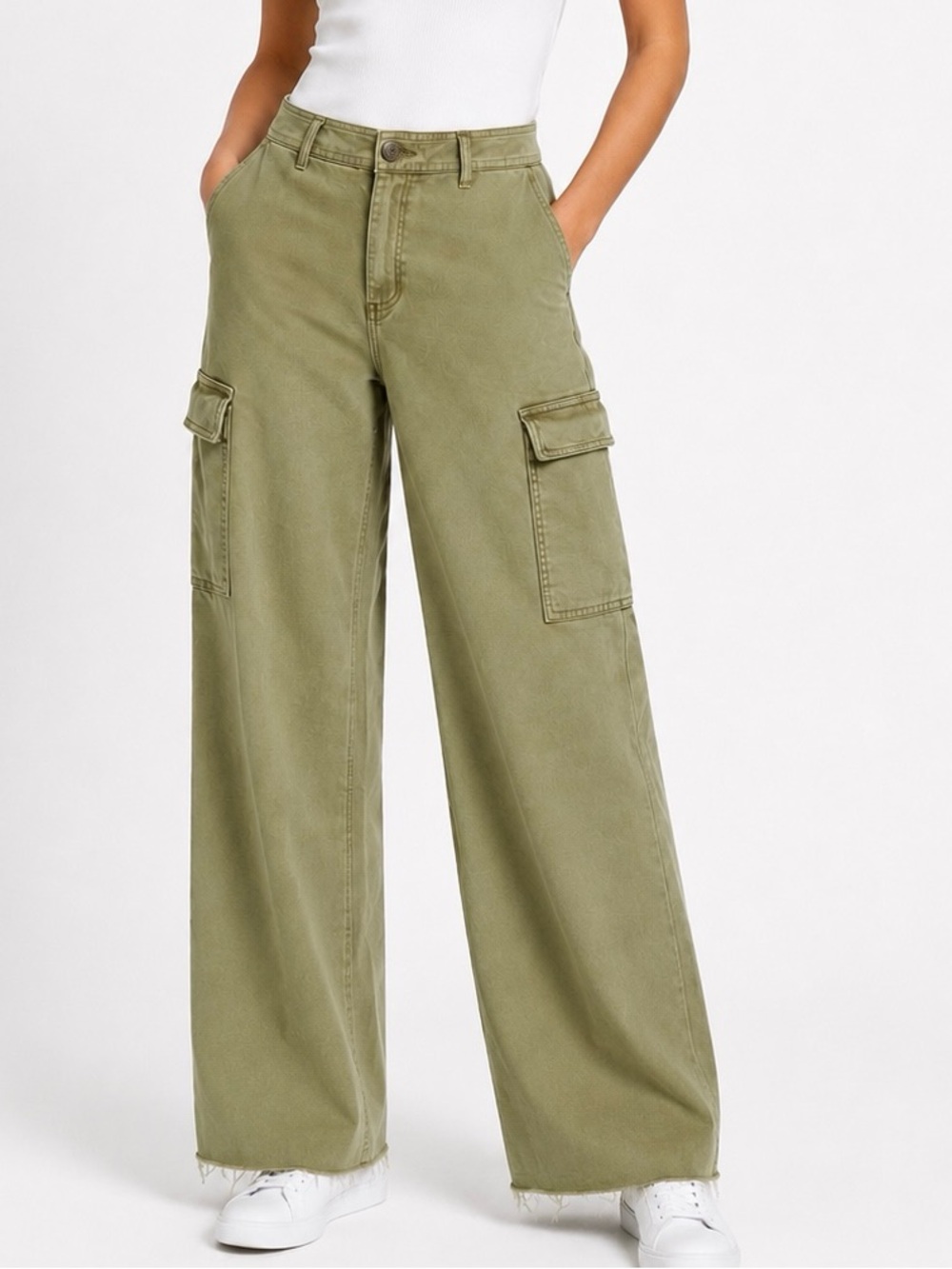 Oat New York Wide leg Cargo Pants Army green Raw hem women’s 12 Neutral Casual